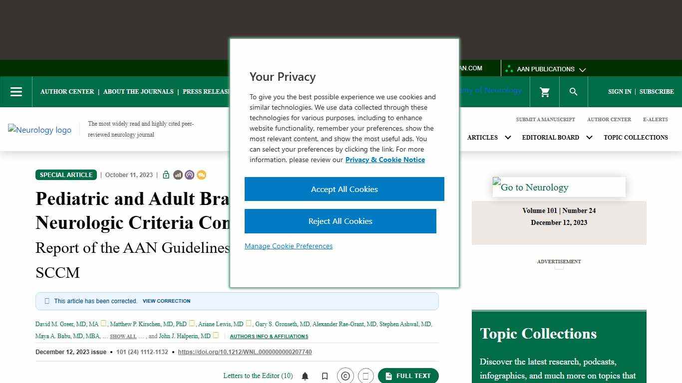 Pediatric and Adult Brain Death/Death by Neurologic Criteria Consensus Guideline Neurology